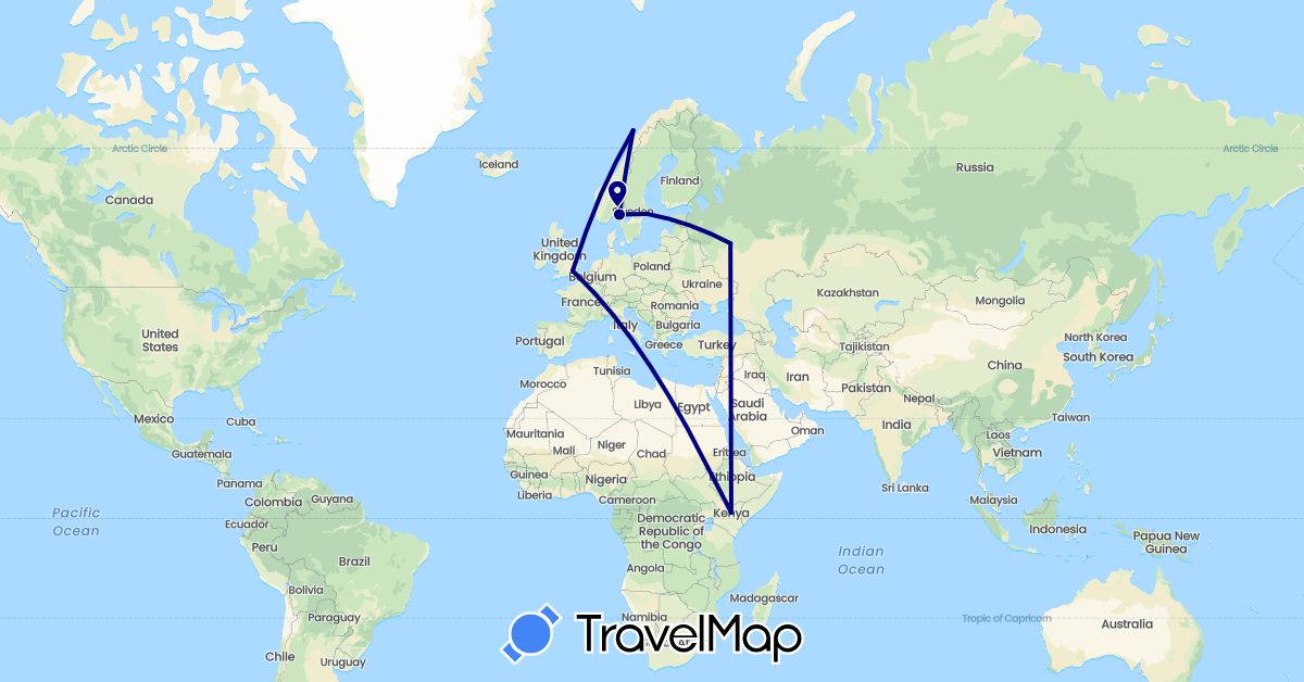 TravelMap itinerary: driving in United Kingdom, Kenya, Norway, Russia, Sweden (Africa, Europe)